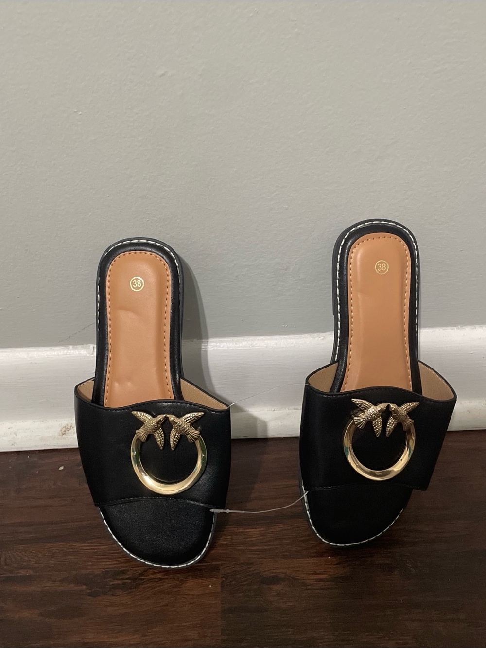 a new day Black Slide Mules with Gold Ring & Bird Detail